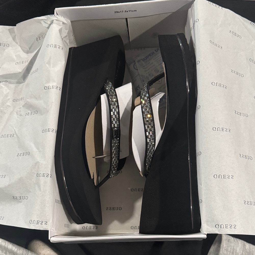 GUESS Black Platform Wedge Sandals with Embellished Straps